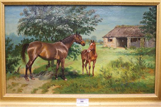 Wilson Hepple A chestnut mare with a foal in a field 11.5 x 19.5in.